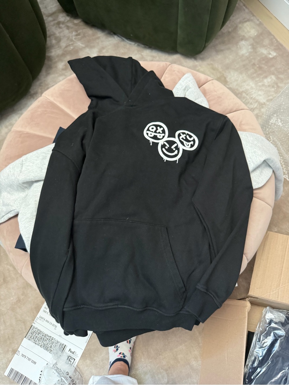 Men's Black Pullover Hoodie with White Smiley Cluster Twenty Four New York